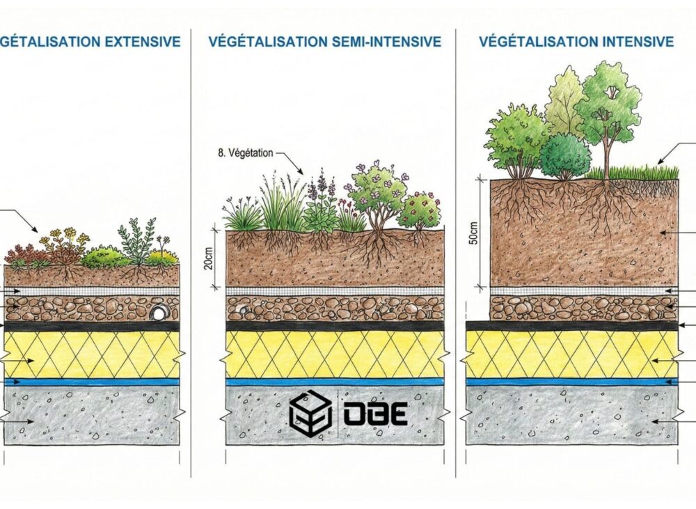 Coupe technique comparatif végétalisation extensive intensive